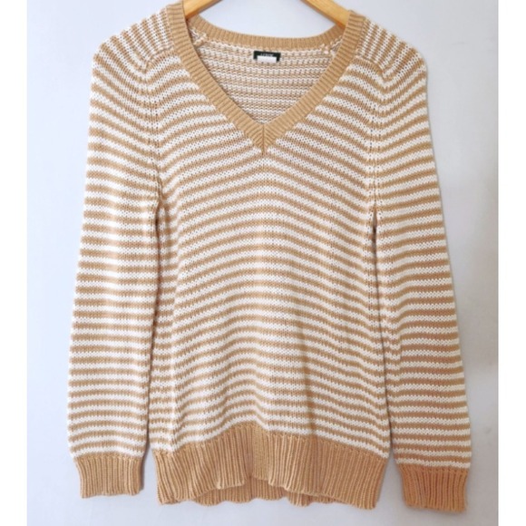 J.CREW Sweaters - J Crew Striped V-Neck Sweater Women's Size Small 100% Cotton‎ Beige 75101